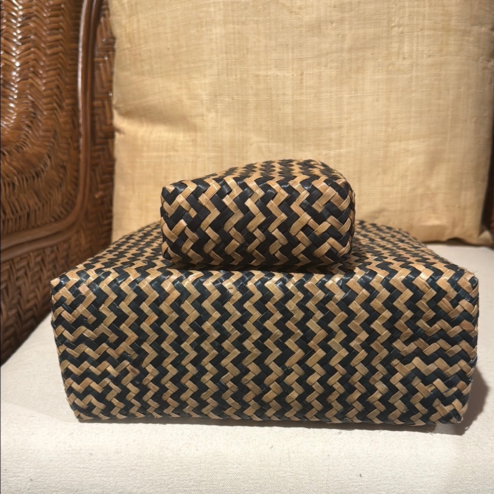 Lauren Ralph Lauren Navy and Tan Woven Tote Set - Picture 4 of 7